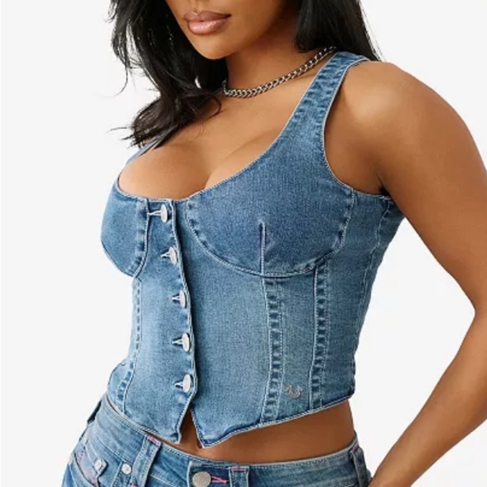 True Religion Blue Silver Crop Bustier Vest